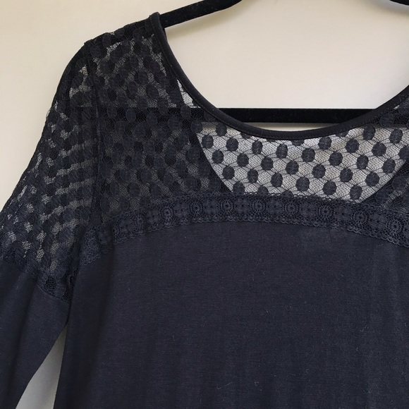 Twik Tops - Twik Lace Neckline Black Long Sleeve Swing Tee